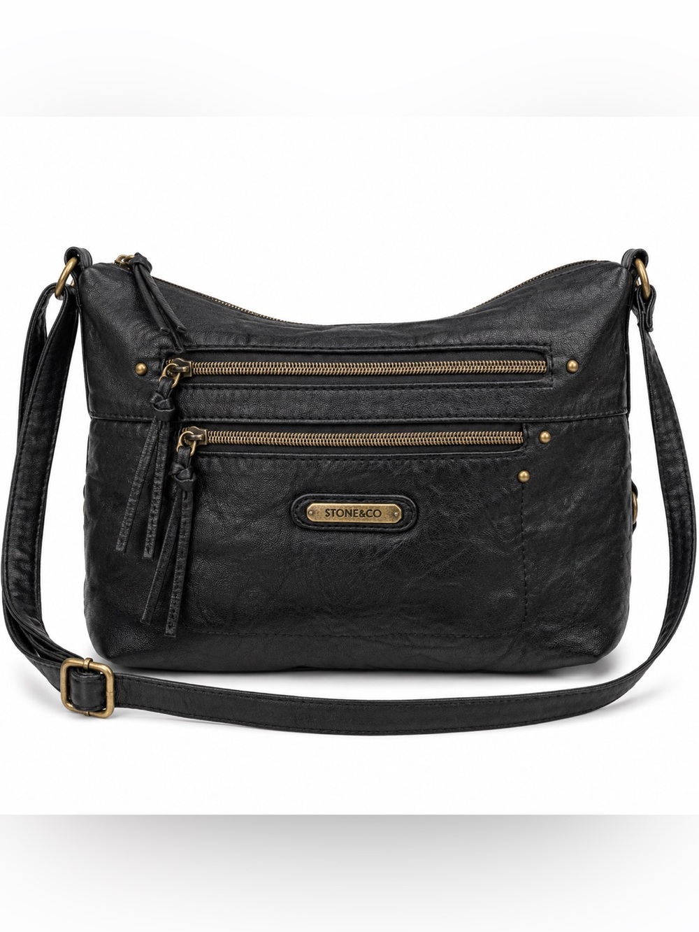 Stone & Co Black Crossbody Bag Multi Zip Pocket Distressed Leather Boho
